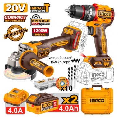 Ingco CKLI20256E Σετ Κρουστικό Δραπανοκατσάβιδο & Γωνιακός Τροχός 20V με 2 Μπαταρίες και Θήκη